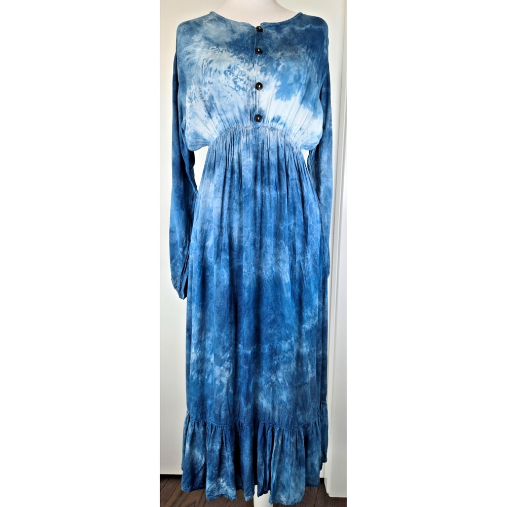 Handmade Tiedye Maxi Tier Dress Highrise Long Sleeves 100% Cotton Sz L